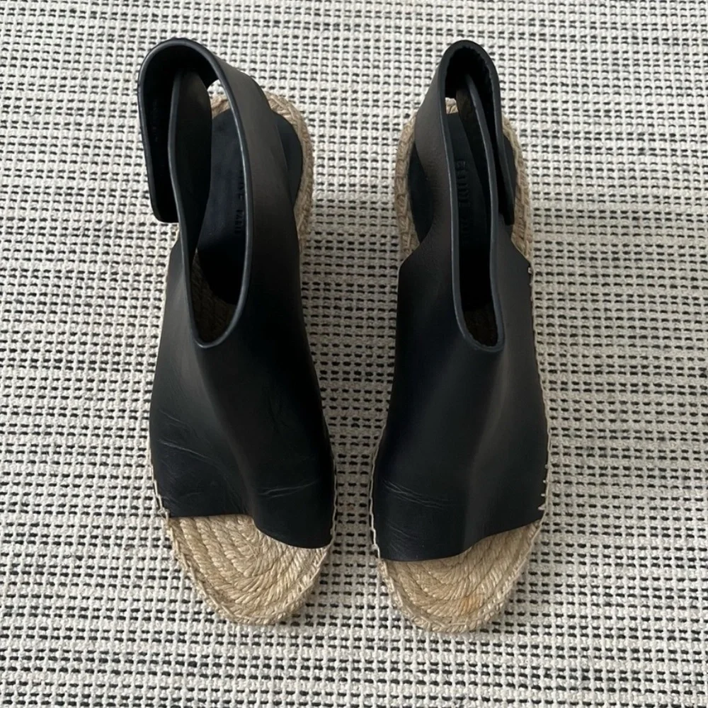 CELINE Calfskin Espadrille Wedge Sandals Black/Natural Size 35